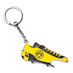 A keychain designed to look like a black-and-yellow soccer cleat with the BVB logo; it includes a shopping cart token and a bottle opener, making it ideal for Borussia Dortmund fans.