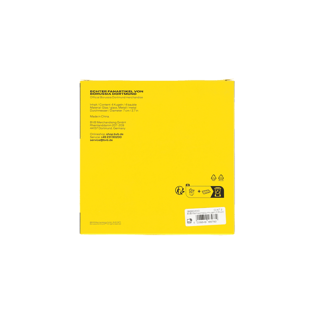Juego oficial de 4 bolas de Navidad del BVB en negro y amarillo, perfectas para la decoración navideña y para los aficionados del Borussia Dortmund.