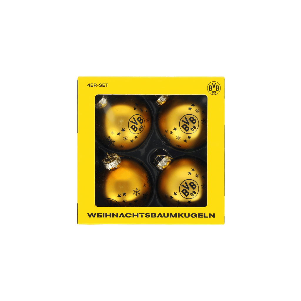 Un juego de 4 bolas de Navidad del BVB con diseño en negro y amarillo y el logotipo del BVB impreso, que se entrega en un embalaje amarillo. Ideal para la decoración navideña y para los aficionados del Borussia Dortmund.