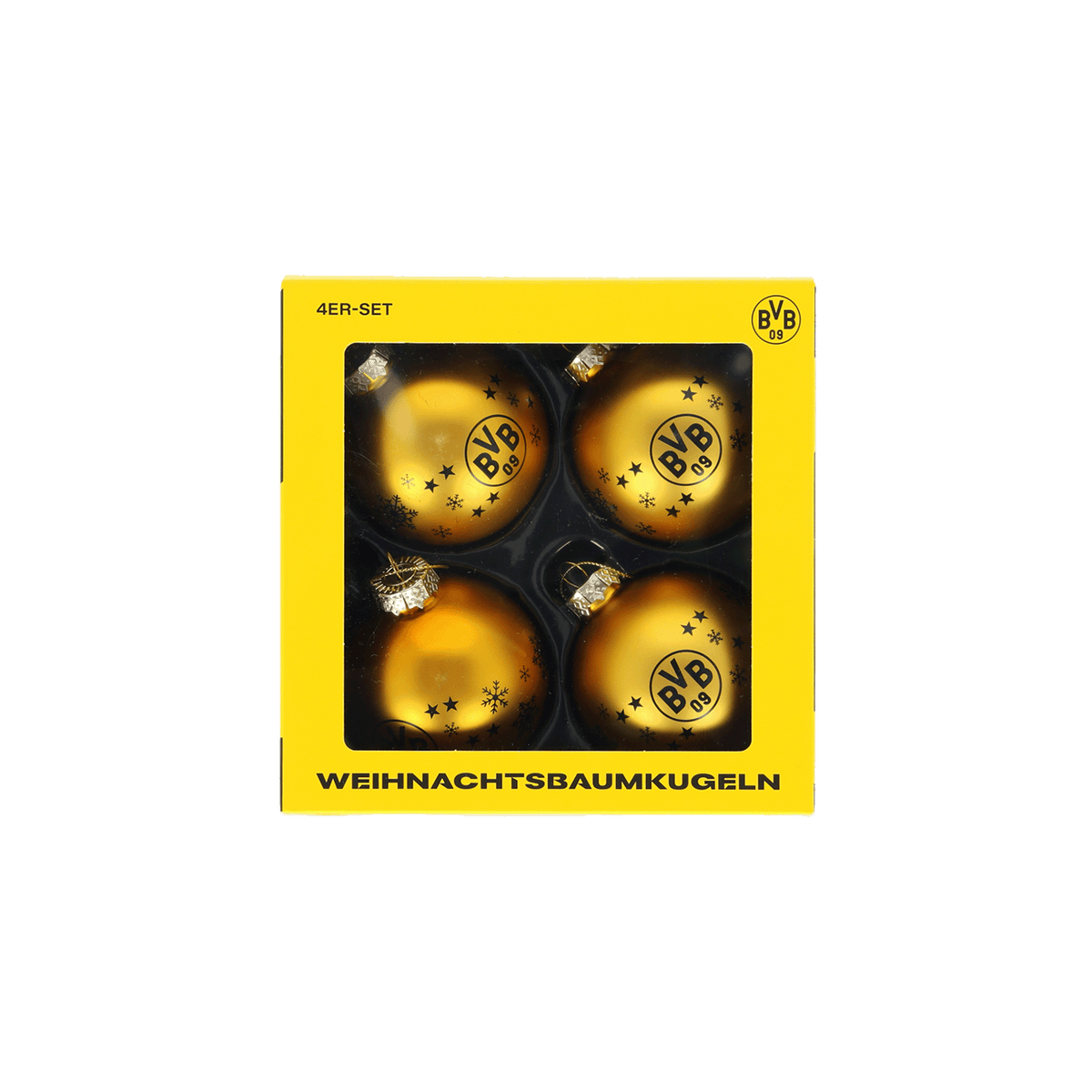 Lot de 4 boules de Noël BVB aux couleurs noir et jaune, ornées du logo BVB, livrées dans un emballage jaune. Idéales pour les décorations de Noël et pour les supporters du Borussia Dortmund.