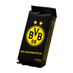 Emballage noir des gaufrettes au cacao du BVB, orné du logo jaune du BVB, de deux étoiles et de la mention « 45 g » ; produit dérivé du Borussia Dortmund.
