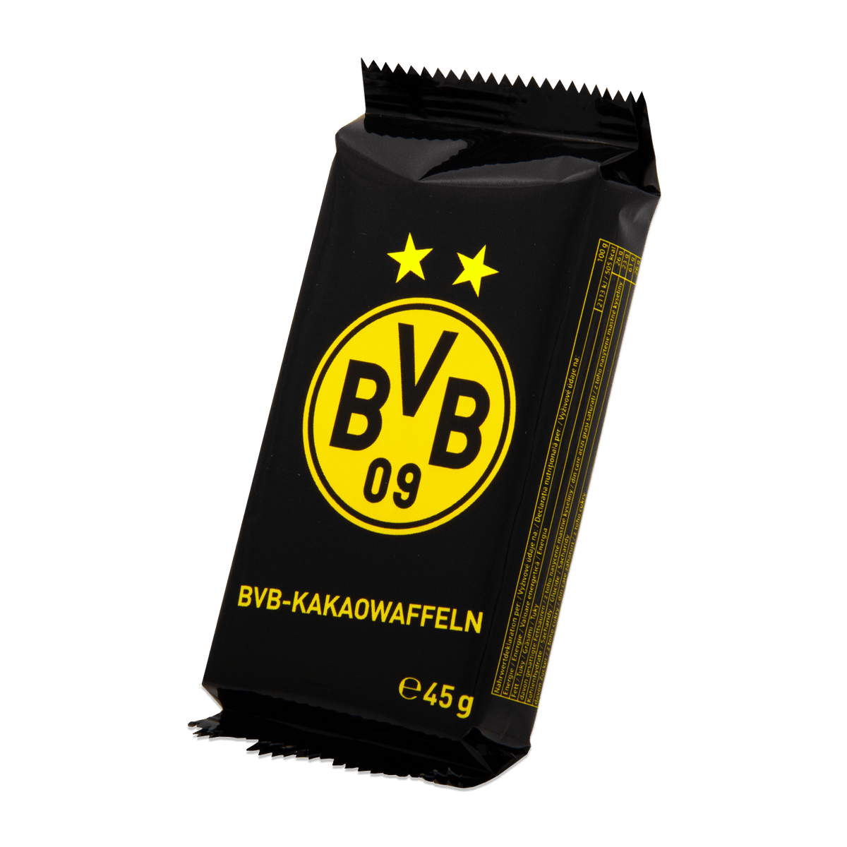 Schwarze Verpackung der BVB-Kakaowaffeln mit gelbem BVB-Logo, zwei Sternen und 45g Angabe, Fanartikel von Borussia Dortmund.