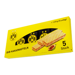 黒と黄色のパッケージに入ったBVBロゴ入りのBVBココアウエハース、5枚入り、225g。ファンアイテムやスナックとして最適です。