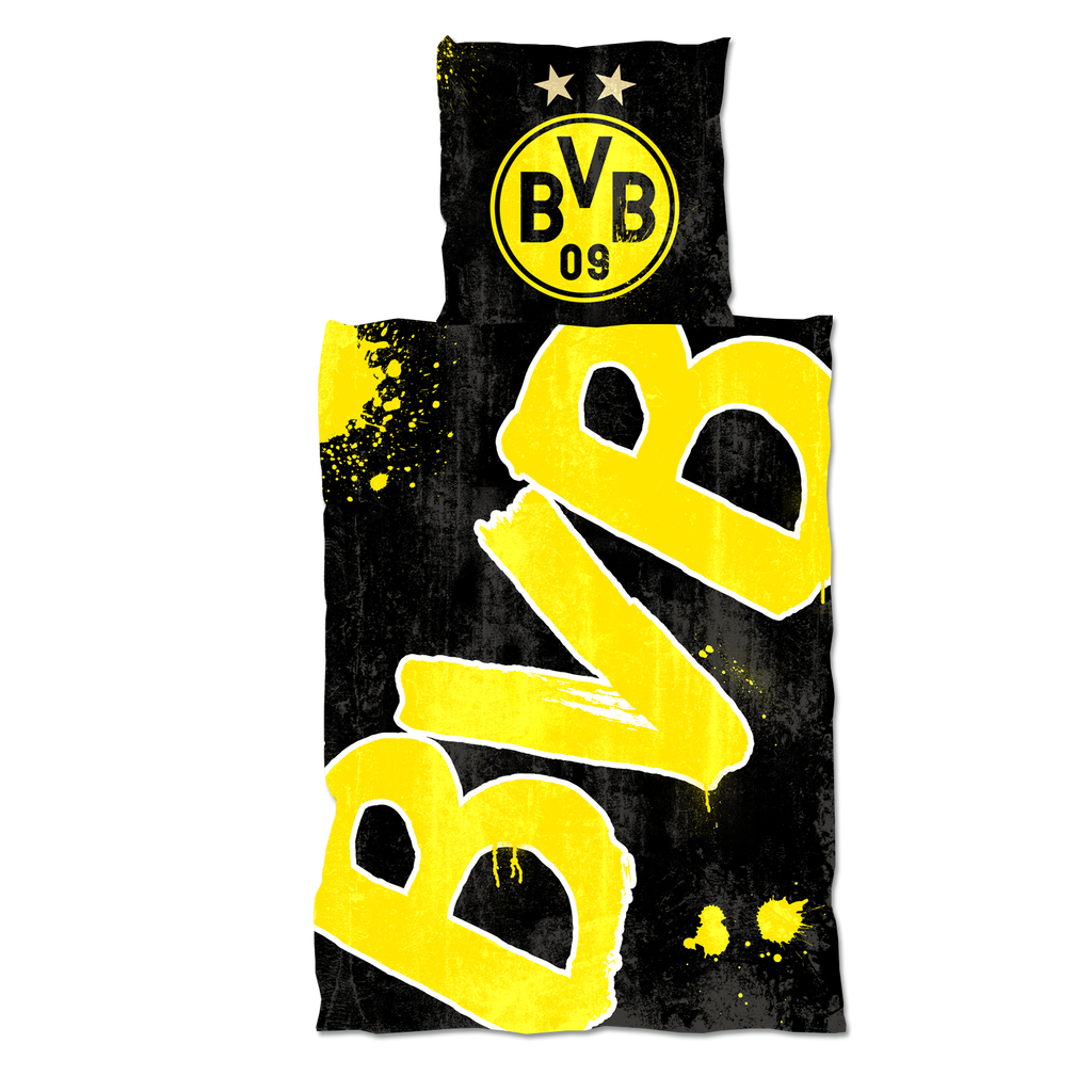 Schwarzgelbe Borussia Dortmund Bettwäsche 135x200cm mit Glow-in-the-Dark-Effekt und großem BVB-Logo.
