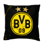 Coussin noir du BVB orné d'un grand logo jaune du club, de deux étoiles dorées et d'un motif noir et jaune, pour une décoration d'intérieur élégante.