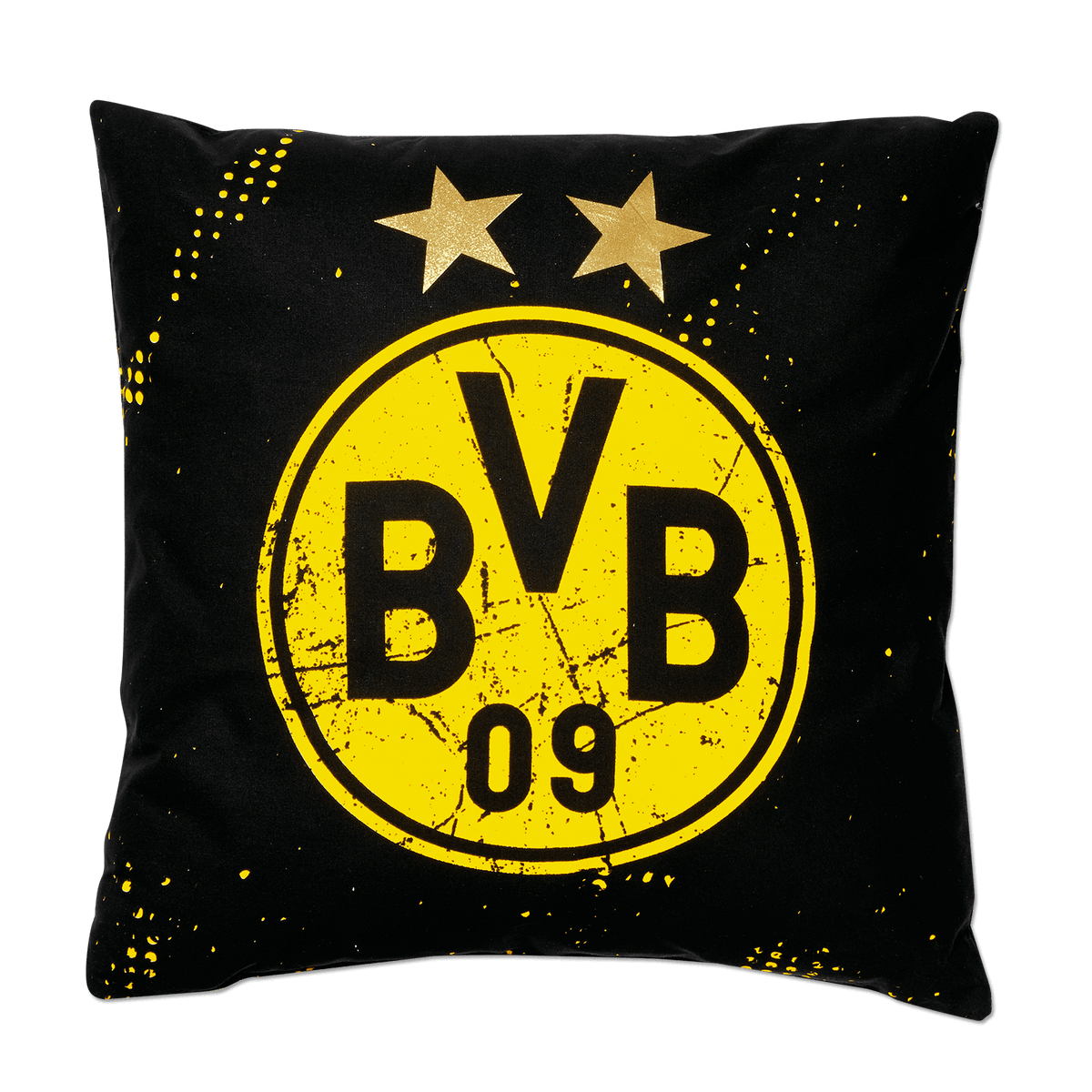 Cojín negro del BVB con un gran logotipo amarillo del club, dos estrellas doradas y un diseño en negro y amarillo, ideal como elegante elemento decorativo para el hogar.