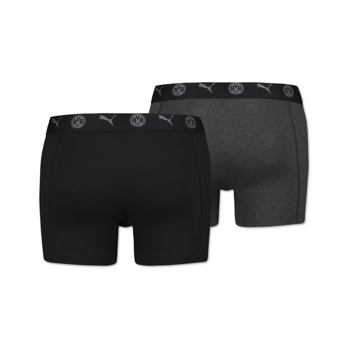 Zweiteiliges Set BVB-Boxershorts in schwarz und grau mit BVB-Emblem und Puma-Logo auf elastischem Bund, ideal für BVB-Fans.