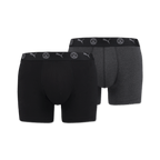 Schwarze und graue BVB-Boxershorts im 2er-Pack, mit Puma-Logo und BVB 09-Emblem am Bund, Herrenunterwäsche.
