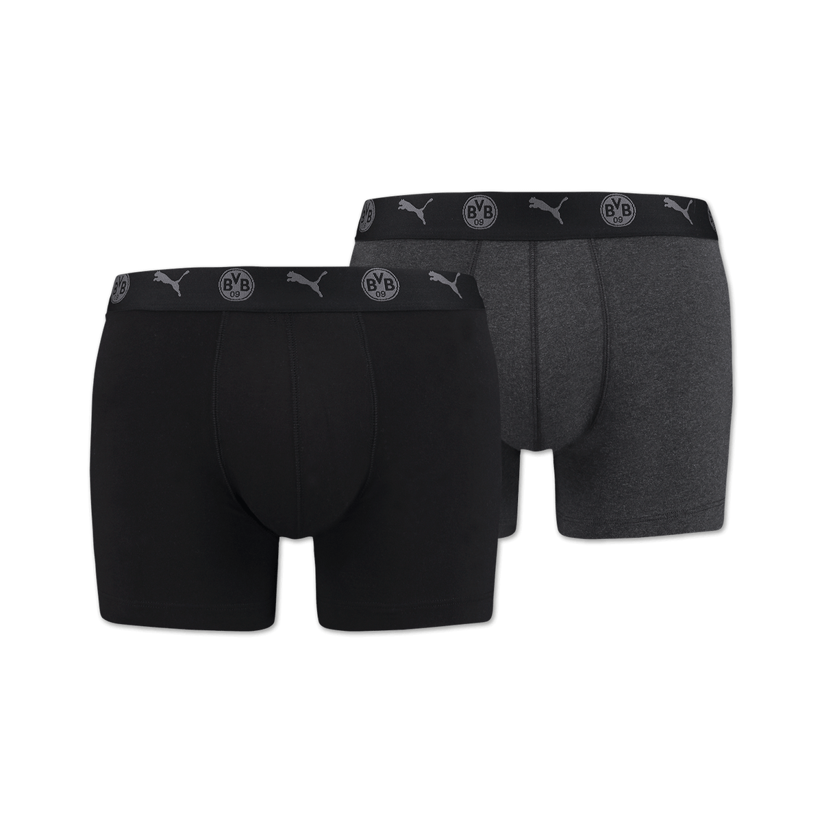 Schwarze und graue BVB-Boxershorts im 2er-Pack, mit Puma-Logo und BVB 09-Emblem am Bund, Herrenunterwäsche.
