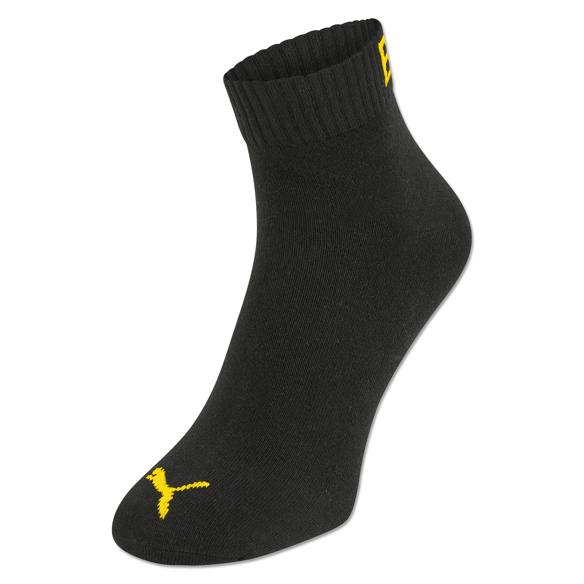 Schwarzgelbe BVB-Quarter-Socken im 3er-Pack, designt von Puma, mit sichtbarem PUMA-Logo auf der Sockenspitze und BVB-Logo am Bund.
