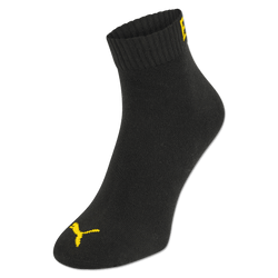 Black-and-yellow BVB quarter-length socks in a 3-pack, designed by Puma, with a visible PUMA logo on the toe and a BVB logo on the cuff.