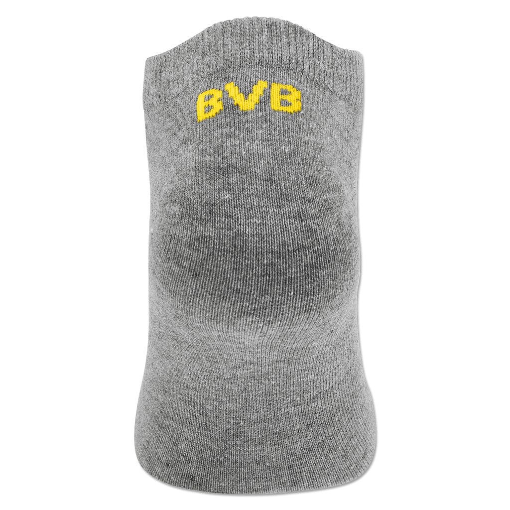 Three pairs of gray BVB socks by PUMA with yellow BVB lettering, perfect for fans and sports activities.