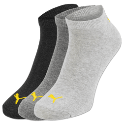 Set mit drei BVB-Socken von Puma in den Farben schwarz, grau und hellgrau, verziert mit dem gelben Puma-Logo.