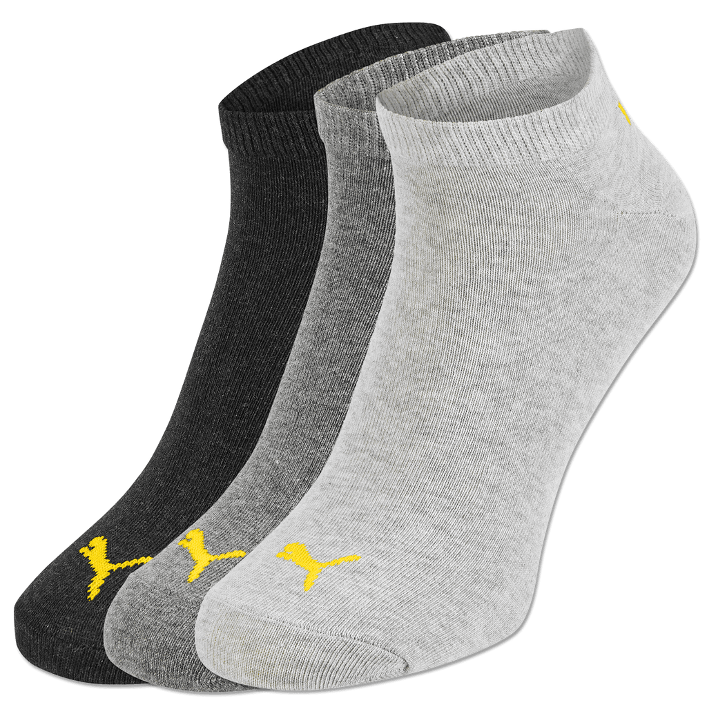 Set di tre calzini del BVB firmati Puma nei colori nero, grigio e grigio chiaro, decorati con il logo giallo di Puma.