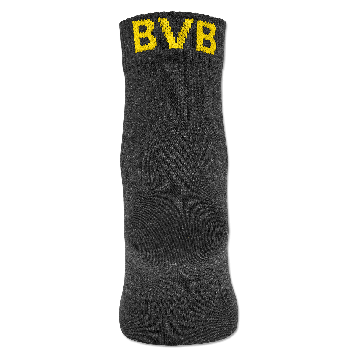 Lot de trois paires de chaussettes BVB de la marque Puma, de couleur noire, avec le logo jaune du BVB sur la bande élastique. Produits officiels du Borussia Dortmund destinés aux supporters.
