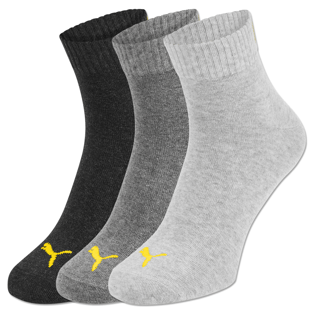 3er Pack BVB-Knöchelsocken von Puma in schwarzgelber Optik mit komfortablem Sitz, ideal für Borussia Dortmund Fans.