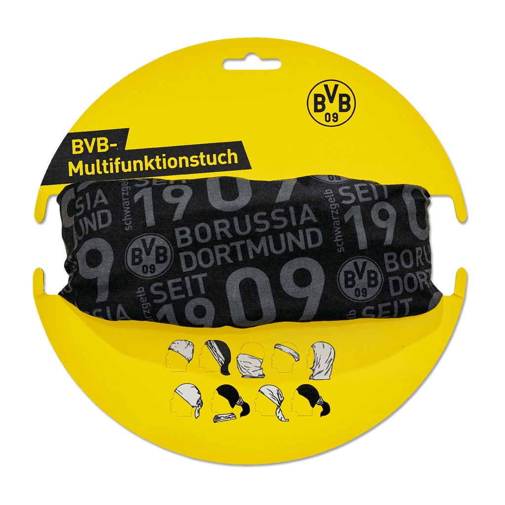 Sciarpa multifunzionale del BVB nei colori nero e giallo, con le scritte “Borussia Dortmund” e “1909”; confezionata in una scatola di cartone gialla con immagini che ne illustrano i possibili utilizzi.