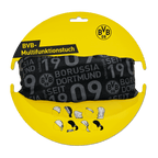 Sciarpa multifunzionale del BVB nei colori nero e giallo, con le scritte “Borussia Dortmund” e “1909”; confezionata in una scatola di cartone gialla con immagini che ne illustrano i possibili utilizzi.