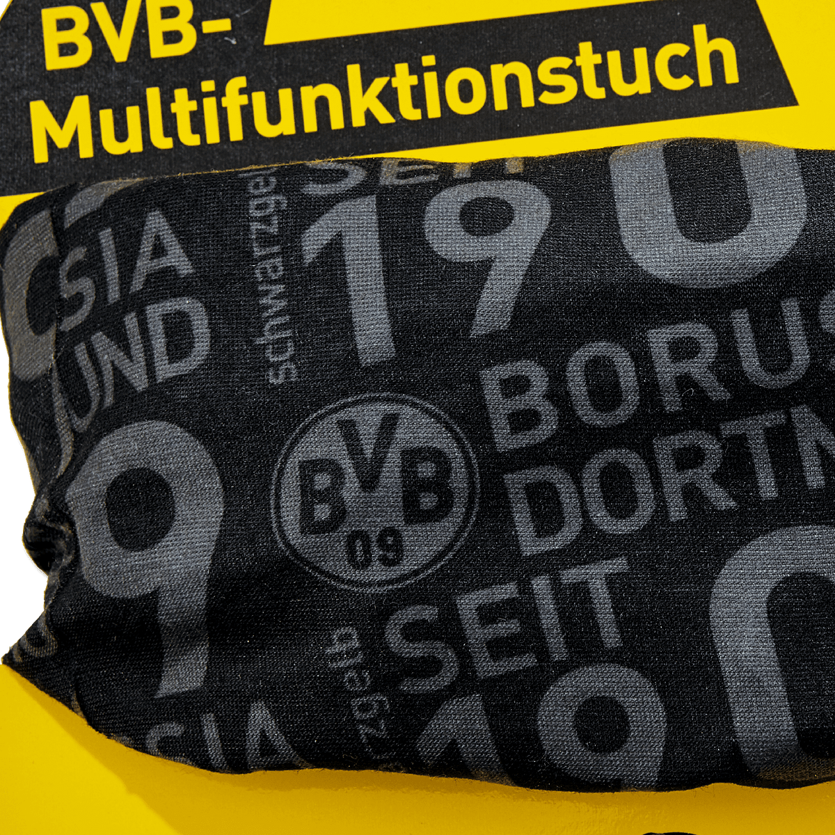 Sciarpa multifunzionale del BVB nei colori nero e giallo, con il logo della società e le scritte su sfondo giallo. L'accessorio perfetto per i tifosi del BVB.