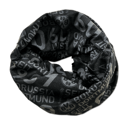 Foulard multifonctionnel au motif noir et jaune, orné du logo et des inscriptions du Borussia Dortmund, un accessoire polyvalent pour les supporters du BVB.