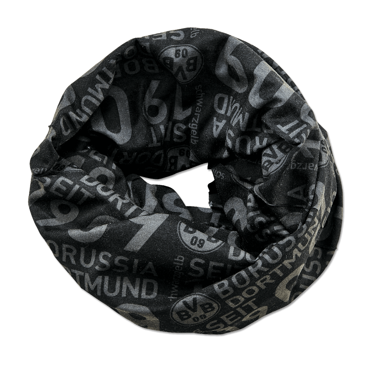 Foulard multifunzionale con motivo nero e giallo, con il logo del Borussia Dortmund e motivi con scritte: un accessorio versatile per i tifosi del BVB.