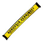 Écharpe noir et jaune du BVB, ornée de l'inscription noire « Borussia verbindet » et de franges, idéale pour tous les supporters du Borussia Dortmund.