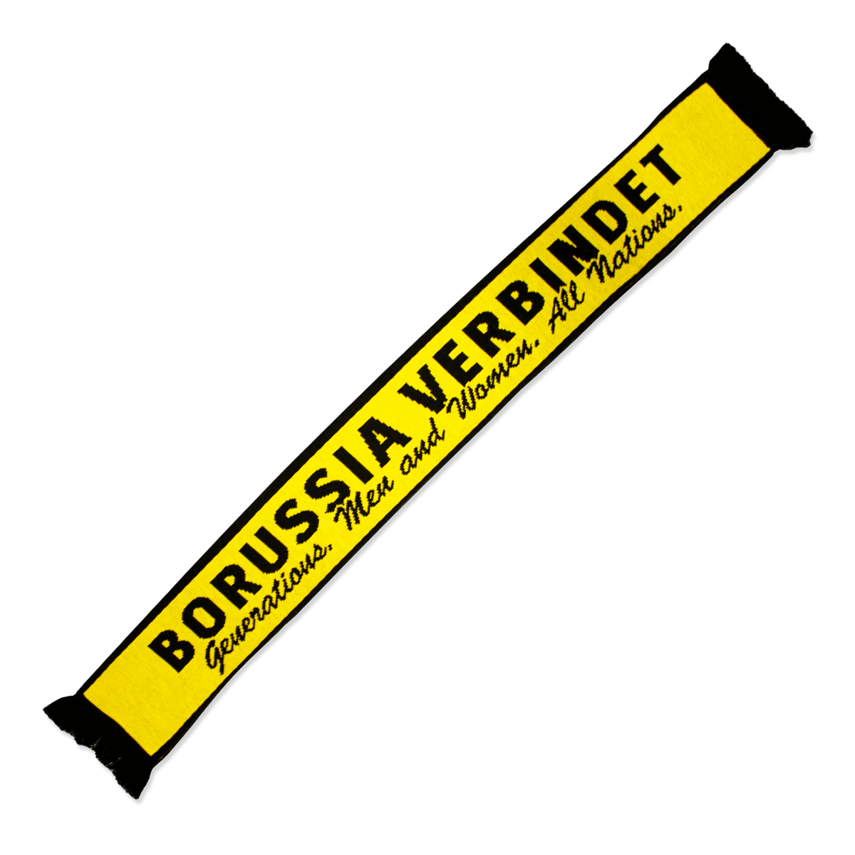 Écharpe noir et jaune du BVB, ornée de l'inscription noire « Borussia verbindet » et de franges, idéale pour tous les supporters du Borussia Dortmund.