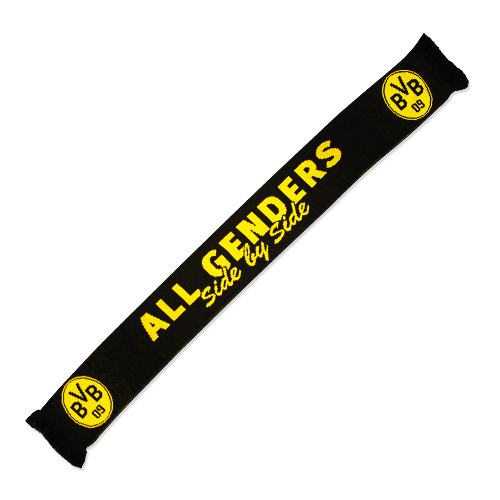 Écharpe noire et jaune du BVB portant l'inscription « ALL GENDERS Side by Side » et le logo BVB 09, idéale pour les supporters du Borussia Dortmund.