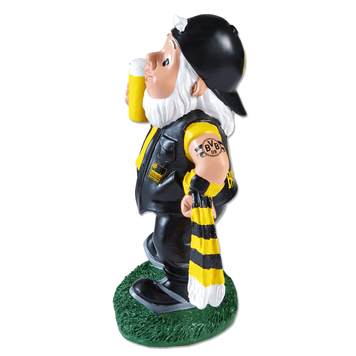 Der BVB-Gartenzwerg in schwarzgelb mit BVB-Logo, Tattoos, Fan-Schal und Bierkrug ist eine ideale Gartendekoration für Borussia Dortmund Fans.
