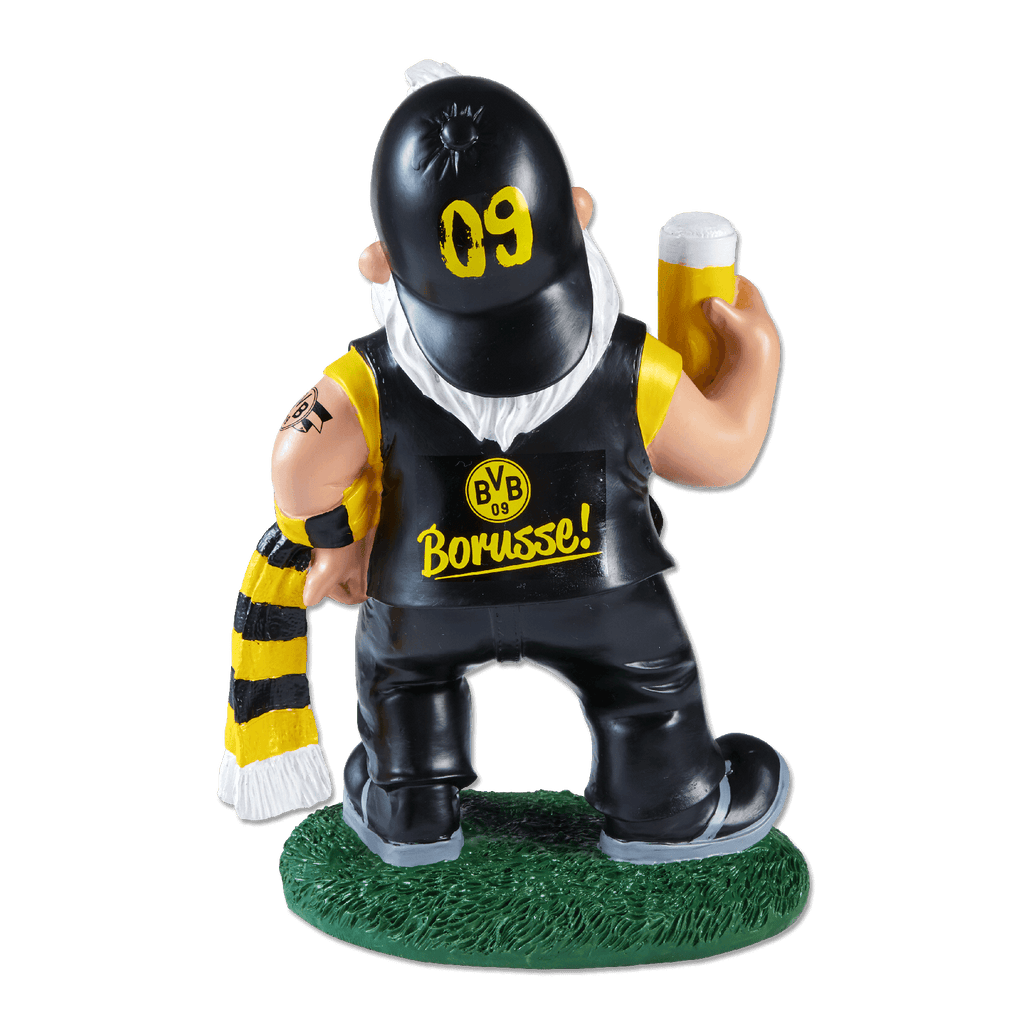 Un nano da giardino del BVB, vestito con i colori nero e giallo, con il logo del BVB e la scritta “Borusse!” sulla schiena, tiene in mano una sciarpa e un boccale di birra.