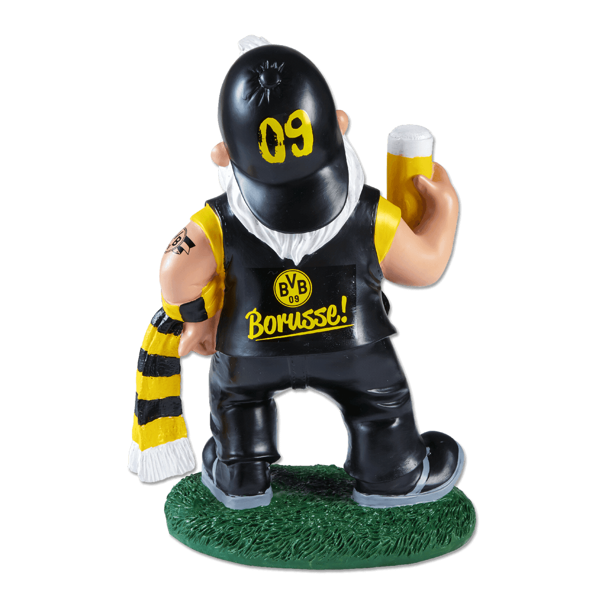 Un nano da giardino del BVB, vestito con i colori nero e giallo, con il logo del BVB e la scritta “Borusse!” sulla schiena, tiene in mano una sciarpa e un boccale di birra.