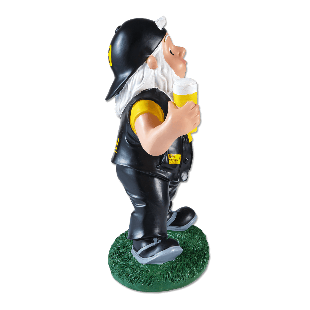 Nano da giardino del BVB con i colori nero e giallo della squadra, con un boccale di birra in mano, in piedi su una base verde. Una decorazione perfetta per ogni tifoso del Borussia Dortmund.