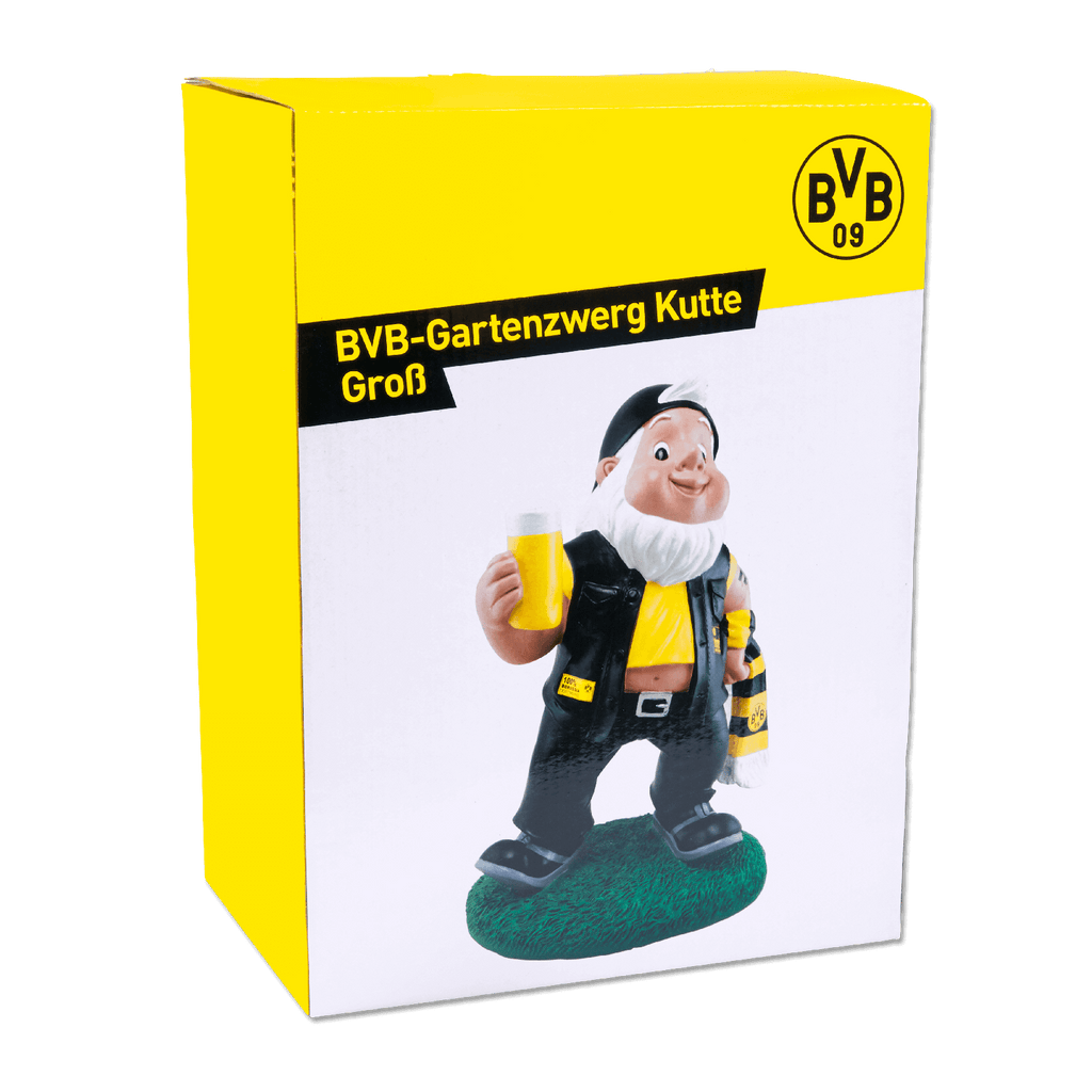 Grande nano da giardino del BVB in tunica, con boccale di birra e sciarpa del BVB: un articolo da tifoso ideale per i fan del Borussia Dortmund, nei colori nero e giallo.