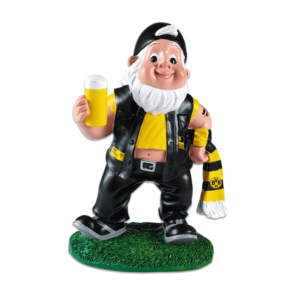 Statua da giardino del BVB raffigurante un nano con un caratteristico abbigliamento nei colori nero e giallo, sciarpa del BVB e boccale di birra, perfetta come decorazione per i tifosi.