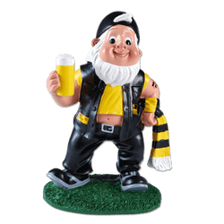 Nain de jardin aux couleurs noir et jaune du BVB, vêtu d'une tenue noire, d'un t-shirt jaune, tenant une chope de bière à la main et portant une écharpe du BVB. Idéal comme article de fan ou comme décoration pour les supporters du Borussia Dortmund.
