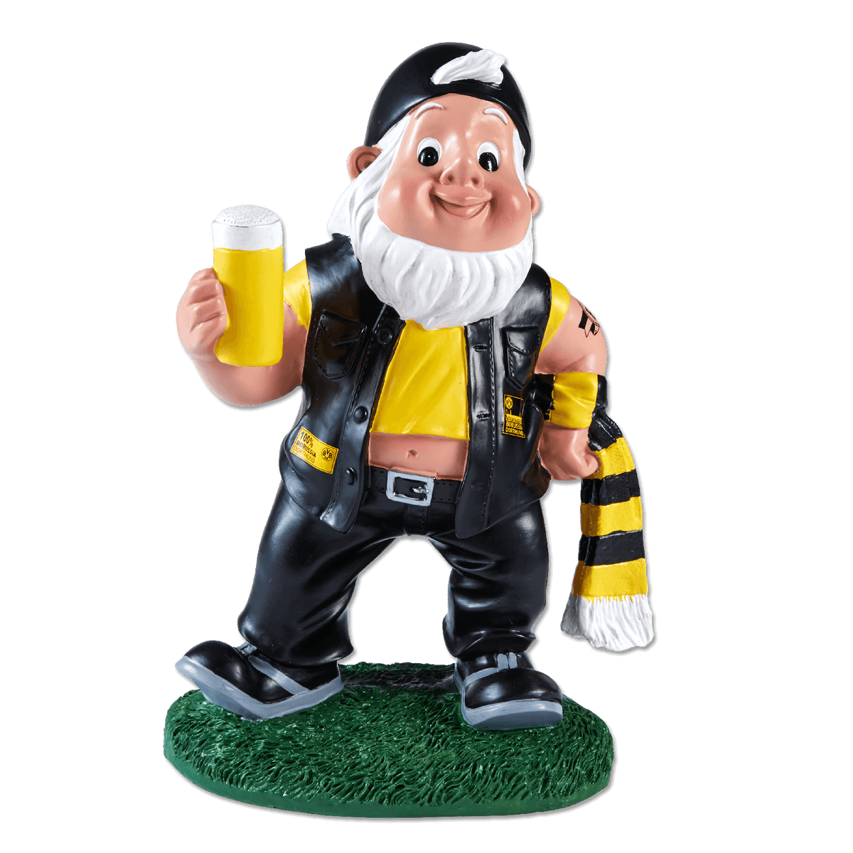 Nano da giardino nei colori nero e giallo del BVB, con abito nero, maglietta gialla, boccale di birra in mano e sciarpa del BVB. Perfetto come gadget o oggetto decorativo per i tifosi del Borussia Dortmund.