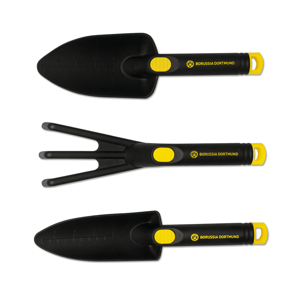 Juego de tres herramientas de jardinería del BVB con diseño en negro y amarillo y el logotipo del Borussia Dortmund, ideal para los aficionados del club.