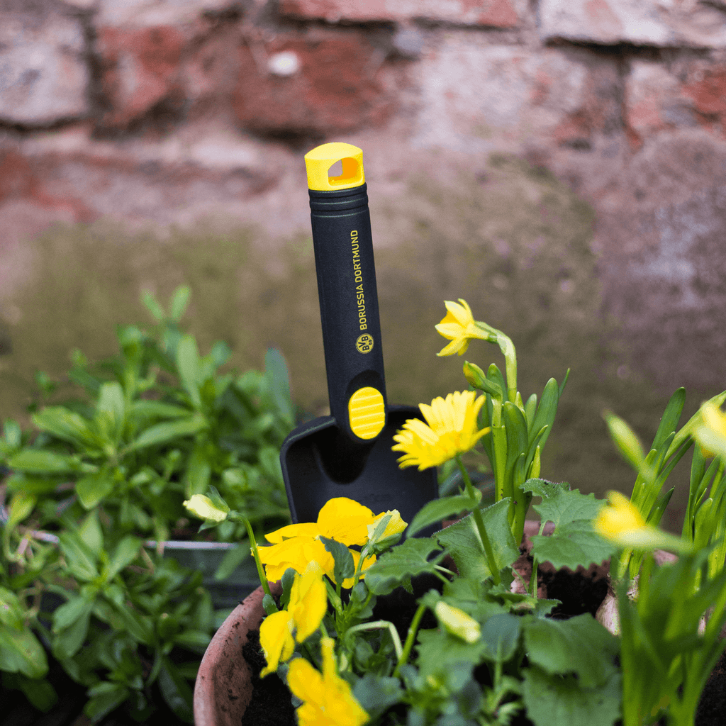Una pala para flores negra y amarilla del juego de jardinería del Borussia Dortmund con el logotipo del BVB, colocada en una jardinera con flores amarillas.