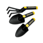 Juego de herramientas de jardinería del BVB en colores negro y amarillo, con dos palas pequeñas y un rastrillo, ideal para los aficionados del Borussia Dortmund.