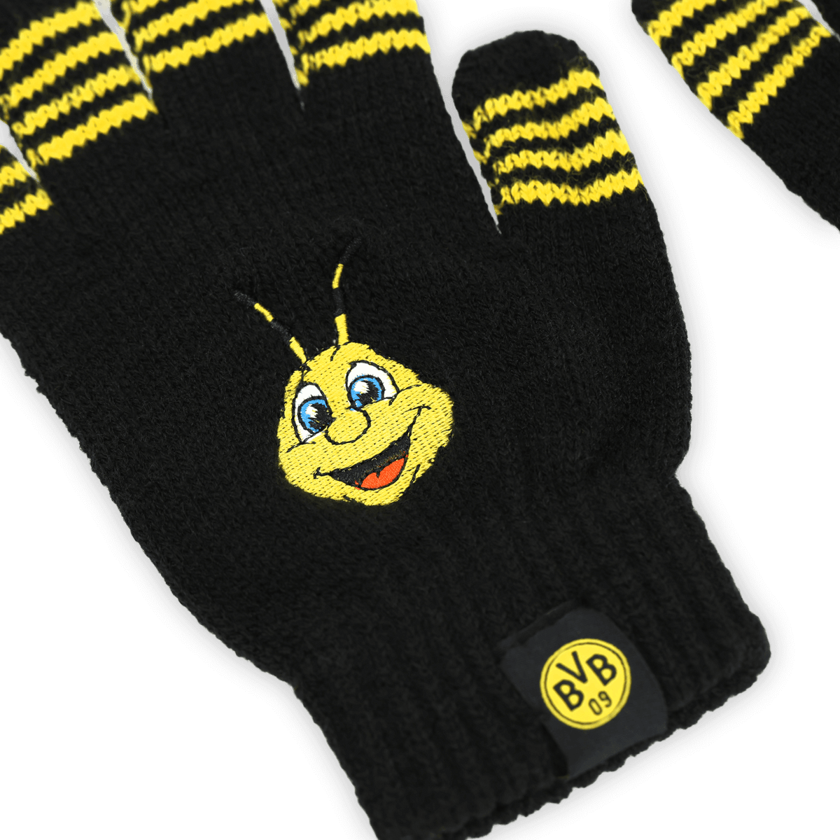 Schwarzgelbe BVB-Handschuhe aus Strick mit gesticktem EMMA-Motiv auf der Handfläche und BVB-Logo am Handgelenk. Perfekt für Fans von Borussia Dortmund.