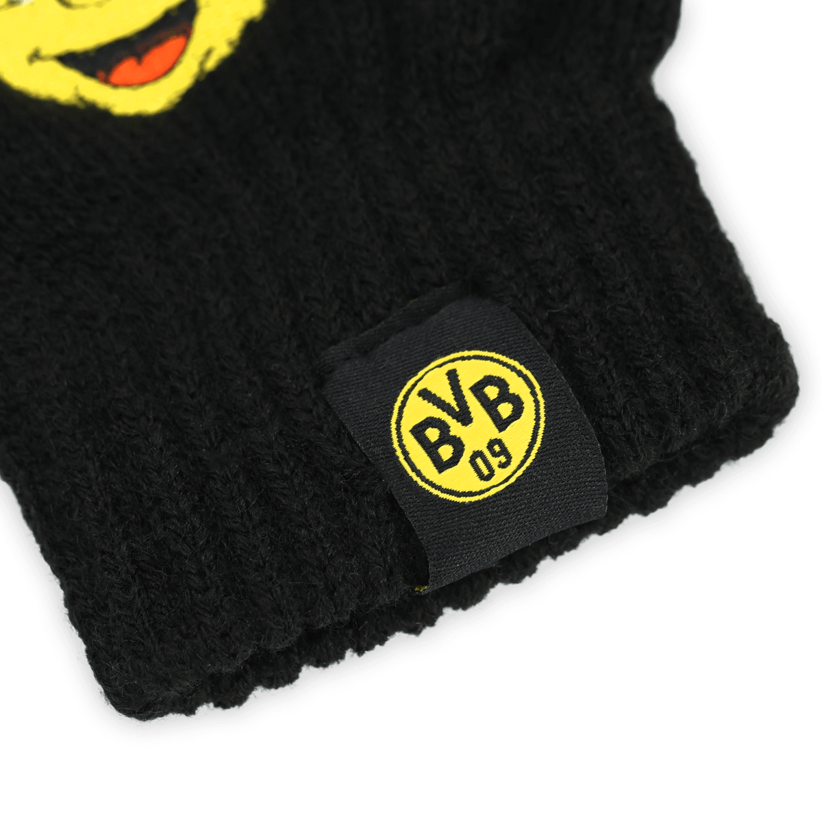 Schwarzgelber BVB-Handschuh aus Strick mit aufgesticktem Vereinslogo und EMMA-Motiv, perfekt als Fanartikel und für winterliche Temperaturen.