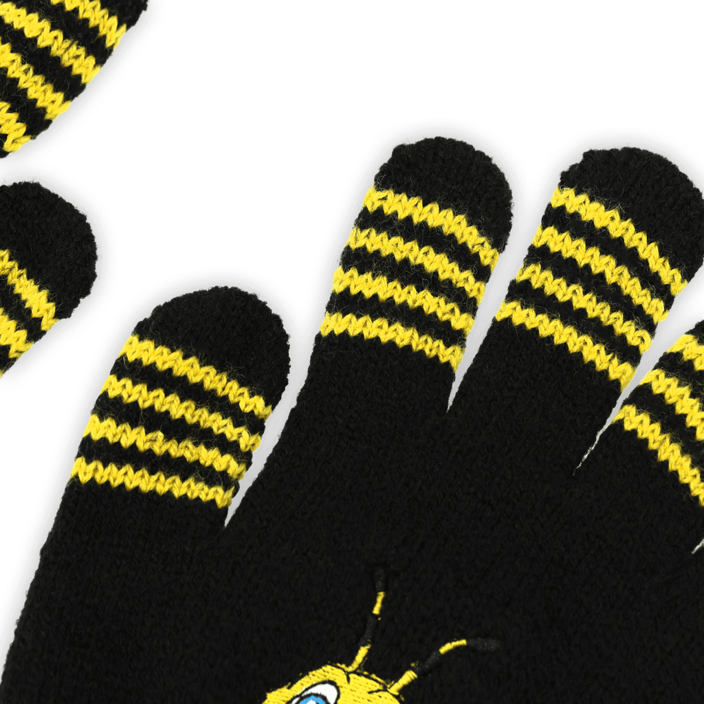 Schwarzgelbe BVB-Handschuhe aus Strick mit gesticktem EMMA-Logo und gelben Streifen auf den Fingerspitzen, ideal für Fans.