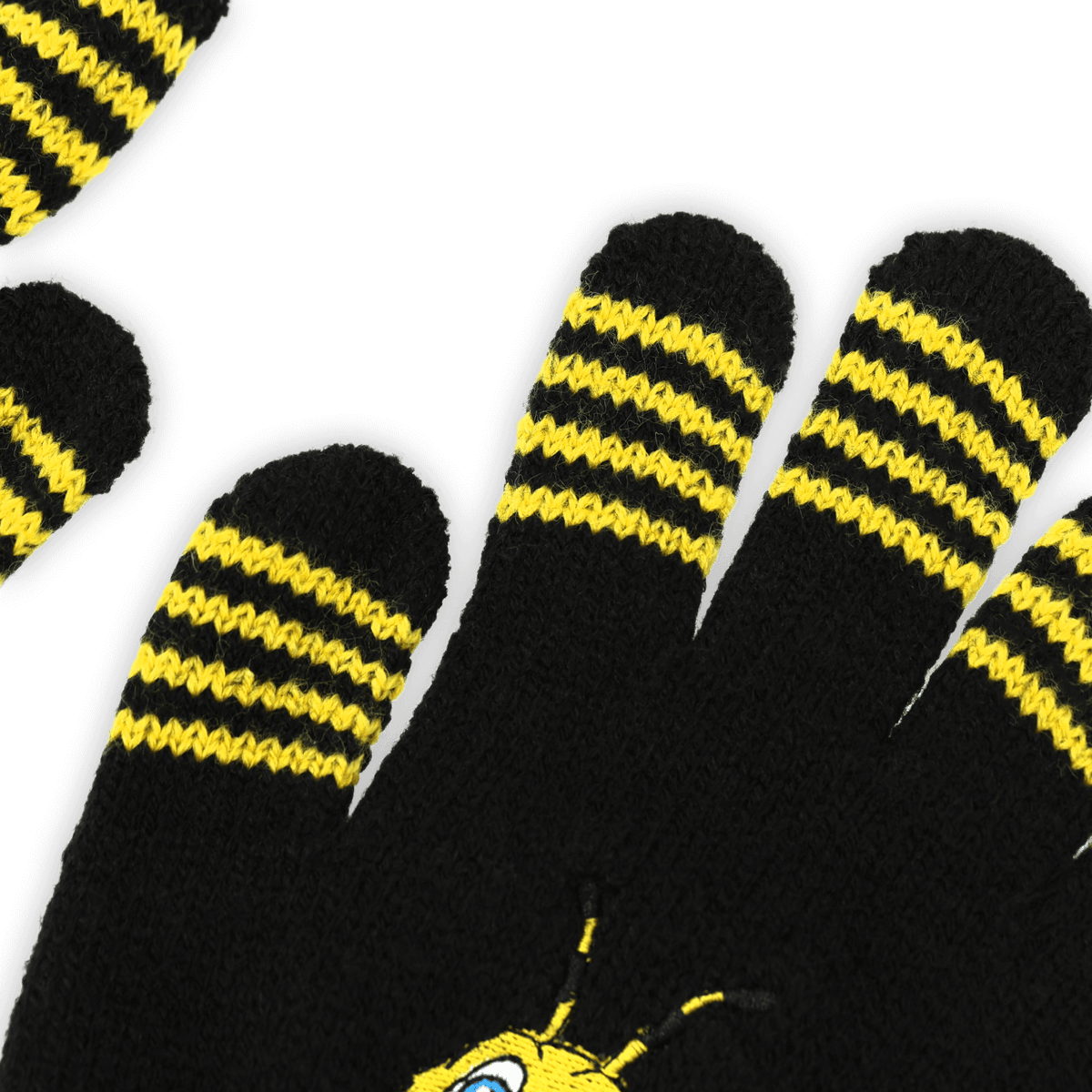 Schwarzgelbe BVB-Handschuhe aus Strick mit gesticktem EMMA-Logo und gelben Streifen auf den Fingerspitzen, ideal für Fans.
