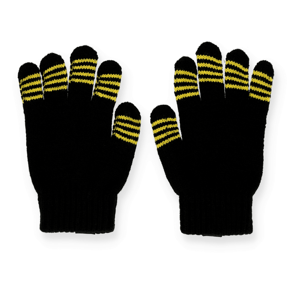 Schwarzgelbe EMMA Handschuhe mit gelben Streifen auf den Fingerspitzen, ideales Accessoire für BVB-Fans an kühlen Tagen.