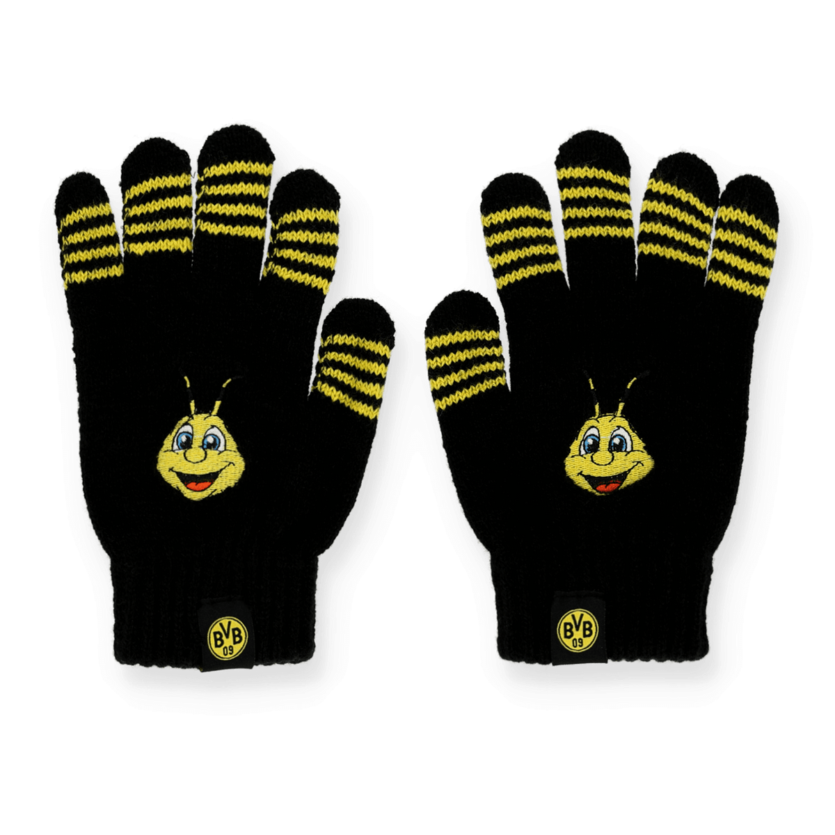 Schwarze Handschuhe mit gelben Streifen, EMMA-Motiv und BVB-Logo - ein praktisches Accessoire für Borussia Dortmund Fans.