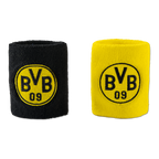 Set mit zwei BVB-Schweißbändern in den Vereinsfarben schwarzgelb, jeweils mit gesticktem BVB-Logo, ideal für Sport oder als Fanartikel.