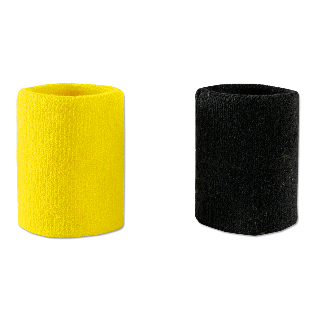 Borussia Dortmund sweatbands in a convenient set featuring one yellow and one black band, ideal for fans and athletic activities.