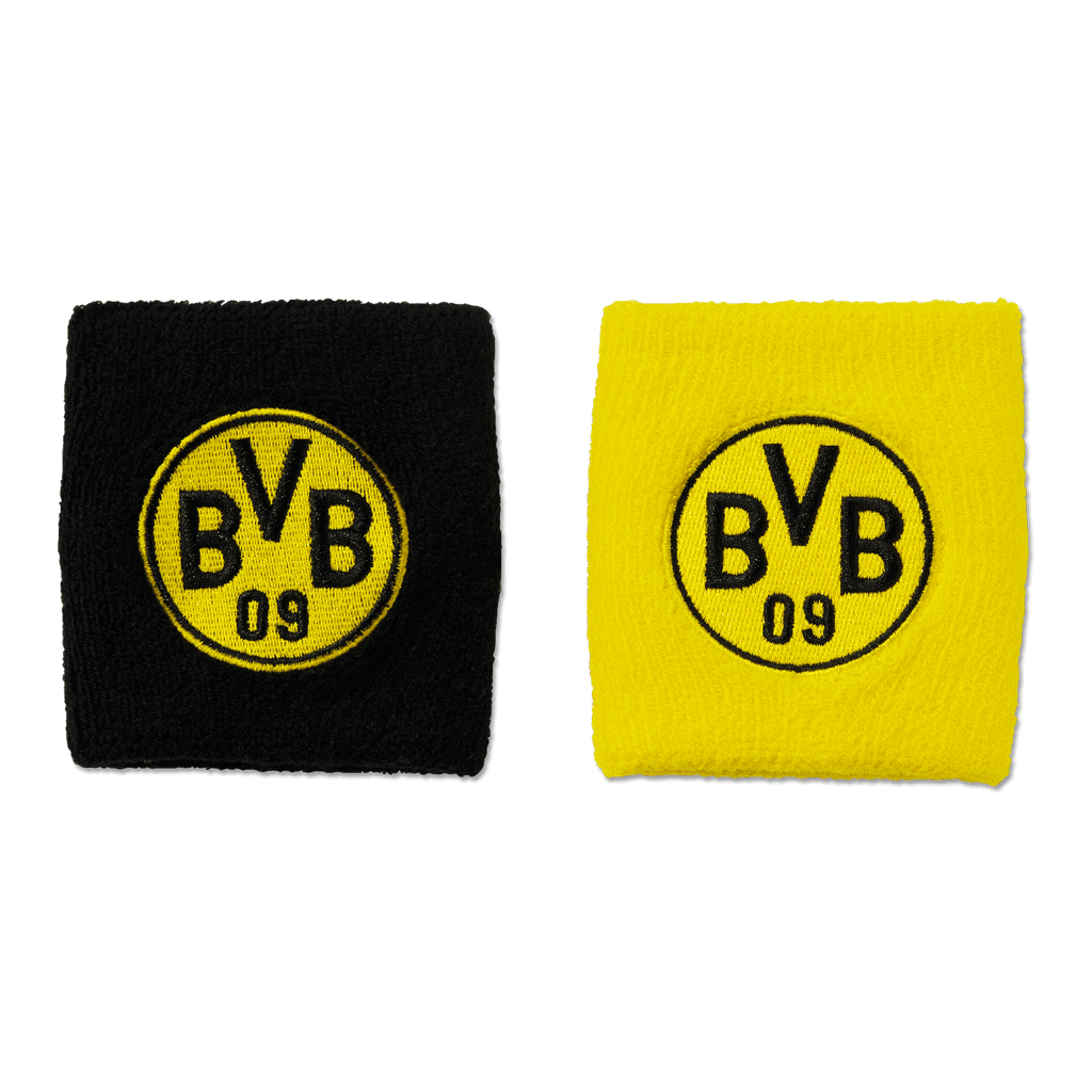 A set of two BVB wristbands in black and yellow, each with an embroidered BVB logo—the perfect accessory for Borussia Dortmund fans.