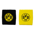 A set of two BVB wristbands in black and yellow, each with an embroidered BVB logo—the perfect accessory for Borussia Dortmund fans.