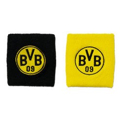 Lot de deux bracelets BVB, l'un noir et l'autre jaune, chacun orné du logo BVB brodé, parfaits comme accessoires pour les supporters du Borussia Dortmund.